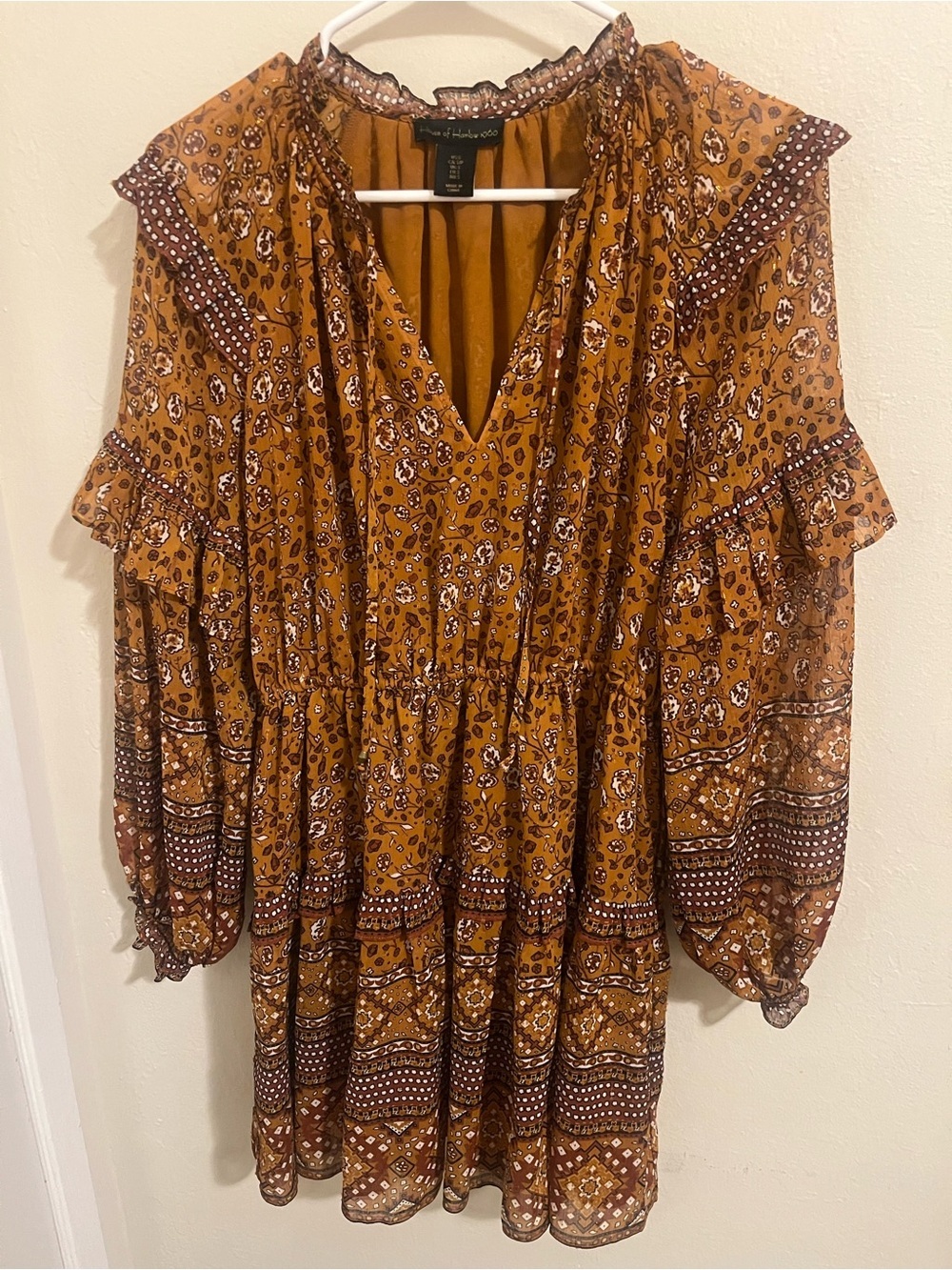 House of Harlow 1960 Mustard Boho Ruffle Top with Floral Trim